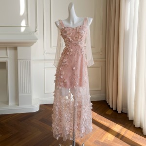 Elegant and sophisticated socialite style with tie up pink and tender age reducing dress, waist cinching and slimming, suitable for vacation dates 68450