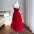 Three dimensional slim velvet ribbon dress with red suspender dress, beaded cherry pendant mesh long dress 68238