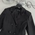 Real shot black waist cinched pleated suit dress, jacket, and dress in stock