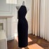 Elegant off shoulder sexy hanging neck bow decoration dress for women slim fit and slim black dress 68338