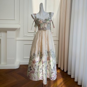 Butterfly Fairy Dress French Jacquard Dress Temperament Bow Pearl Belt Waist Strap Long Dress 68350