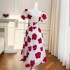 Temperament square collar, flesh covering bubble sleeves, red flower three-dimensional jacquard, daily vacation style, slim fit and slimming dress 66797