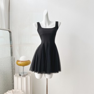 Real time spot black camisole dress for women, new mesh, fluffy fairy, high-end feeling, certified long skirt