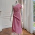 Fashionable Spring/Summer New Product Rose Pink Yellow Slanted Shoulder Waist Dress for slimming temperament 68283+68509