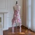 French irregular pink floral ruffle edge hanging neck bag hip chiffon printed pleated ribbon dress 68086