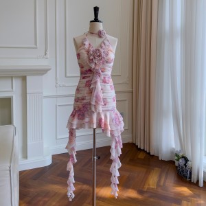 French irregular pink floral ruffle edge hanging neck bag hip chiffon printed pleated ribbon dress 68086
