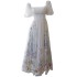 Elegant and simple square neck bubble sleeve white skirt with printed hem, small and fresh daily wearable dress for women 68605