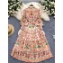 Palace style French high-end round neck lantern long sleeved single breasted printed chiffon dress for women with suspender long skirt