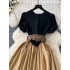 French retro court style round neck bubble sleeve dress with women's design sense, contrasting color splicing, pressed pleats, large swing long skirt