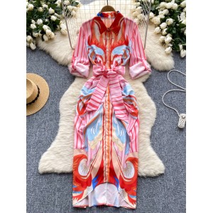 Light luxury French high-end striped printed Polo collar dress for women in summer with a waist cinching design and unique long skirt