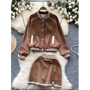 American retro long sleeved stand up collar casual sports baseball jacket women's two-piece set high waist versatile split skirt