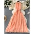 Vacation style atmosphere dress, female sexy deep V-neck hanging neck tie, pleated waist, slimming look, big swing chiffon skirt