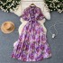 French retro mushroom border polo collar with bubble sleeves, cinched waist to show slimming temperament, floral chiffon pleated dress for summer wear