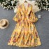 High waisted dress for women in early autumn, new French retro V-neck lantern sleeves, slimming temperament, ruffled floral long skirt