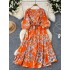 French retro fashion printed dress for women with loose straps, waist cinching and slimming effect, A-line large swing, hanging feeling, long skirt