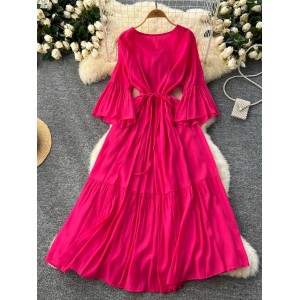 French gentle style V-neck flared sleeve tied waist, big swing ruffle edge dress, women's drape feeling, slimming long skirt