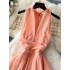 Vacation style atmosphere dress, female sexy deep V-neck hanging neck tie, pleated waist, slimming look, big swing chiffon skirt