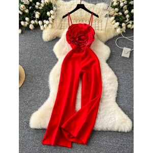 European and American sexy three-dimensional flower strapless camisole jumpsuit women's high-end exquisite waist cinching slimming versatile fashion dress