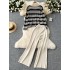 Autumn and winter new lazy style Korean version contrasting suit collar striped knitted sweater top two-piece set high waist wide leg pants