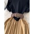 French retro court style round neck bubble sleeve dress with women's design sense, contrasting color splicing, pressed pleats, large swing long skirt