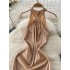 Summer Women's New Commuting Sister Sexy Hollow out Metal Circle Hanging Neck Folded Waist Split Satin Dress