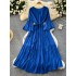 French gentle style V-neck flared sleeve tied waist, big swing ruffle edge dress, women's drape feeling, slimming long skirt