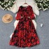 French retro fashion printed dress for women with loose straps, waist cinching and slimming effect, A-line large swing, hanging feeling, long skirt