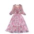 French style gentle design with tied waist and V-neck flared sleeves, slimming and elegant ruffled floral chiffon dress