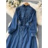 2024 new niche ethnic style denim dress for female heavy workers with retro embroidery design, featuring a slimming waist and long skirt