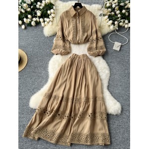 Palace retro French suit women's loose and versatile lace patchwork pearl single breasted shirt+high waisted skirt