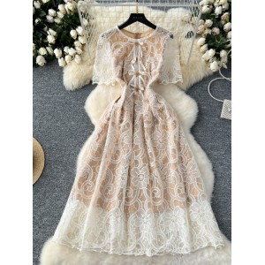 French high-end exquisite dress for women, embroidered flower round neck, bubble sleeves, lace waist cinching, slimming effect, big swing skirt