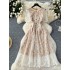 French high-end exquisite dress for women, embroidered flower round neck, bubble sleeves, lace waist cinching, slimming effect, big swing skirt