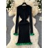 Autumn and winter bottom skirt, high-end vertical knit dress, women's waist cinching, slimming, medium to long style, with a woolen inner layer