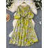 French retro fashion printed dress for women with loose straps, waist cinching and slimming effect, A-line large swing, hanging feeling, long skirt