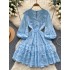 Long sleeved dress for women 2024 new French style design, niche V-neck lace single breasted fluffy short skirt