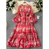 High waisted dress for women in early autumn, new French retro V-neck lantern sleeves, slimming temperament, ruffled floral long skirt