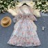 French style gentle design with tied waist and V-neck flared sleeves, slimming and elegant ruffled floral chiffon dress