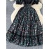 French retro printed dress with women's high-end lace V-neck and bubble sleeves, cinched waist for slimming and elegant long skirt