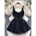 French retro Hepburn style small black dress for women, summer court style waist cinching slimming A-line fluffy suspender flower bud dress