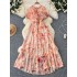 French style tea break retro round neck ruffle edge patchwork dress for women with a cinched waist, slimming effect. Floral chiffon knee length skirt