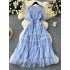 French elegant dress for women's summer heavy industry embroidery mesh three-dimensional lace waist slimming long dress