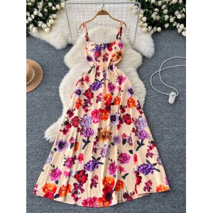 Light luxury and elegant dress for women, niche and high-end, with a cinched waist and slimming effect, fashionable printed suspender, large swing, vacation long skirt