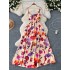 Light luxury and elegant dress for women, niche and high-end, with a cinched waist and slimming effect, fashionable printed suspender, large swing, vacation long skirt