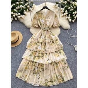 High end wood ear V-neck bubble sleeve dress for women with slimming temperament, cinched waist, ruffled edges, floral chiffon long skirt