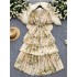 High end wood ear V-neck bubble sleeve dress for women with slimming temperament, cinched waist, ruffled edges, floral chiffon long skirt