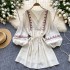 Bohemian vacation dress for female niche retro heavy embroidery V-neck lantern sleeves loose waist A-line short skirt