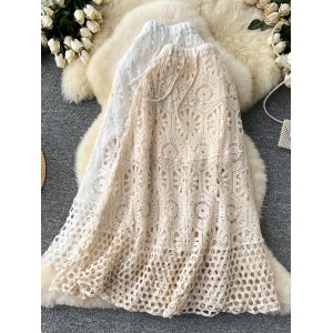 Bohemian vacation outfit women's Korean version heavy industry hollow hook flower knitted drawstring waist cinching versatile large swing skirt