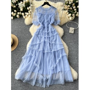 French elegant dress for women's summer heavy industry embroidery mesh three-dimensional lace waist slimming long dress