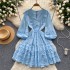 Long sleeved dress for women 2024 new French style design, niche V-neck lace single breasted fluffy short skirt