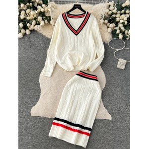 Fashion, leisure, lazy, chic, British style knitting top+high waist, hip bag, Fried Dough Twists sweater, skirt, two-piece set